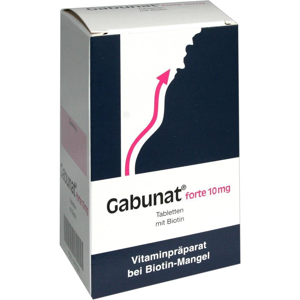Die Verpackung zeigt ein Vitaminpr&auml;parat namens Gabunat forte mit 10 mg Biotin.
