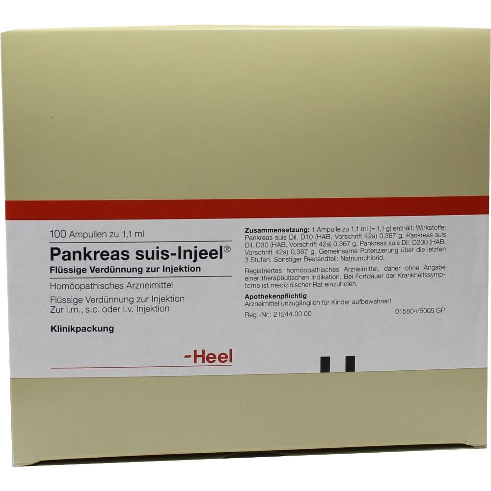 Gelbe Verpackung mit 100 Ampullen "Pankreas suis-Injeel" zur Injektion, hom&ouml;opathisches Medikament.