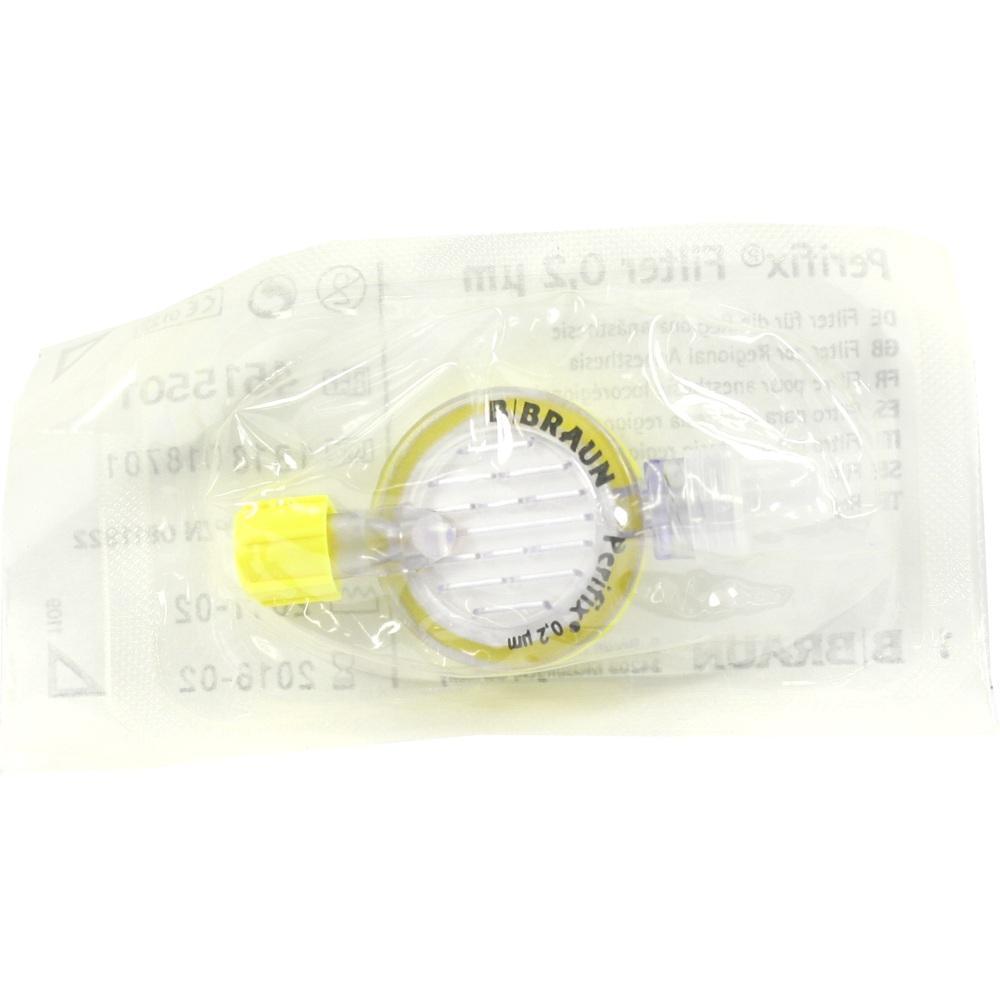 Ein kleiner medizinischer Filter mit gelben Elementen in Plastikverpackung.