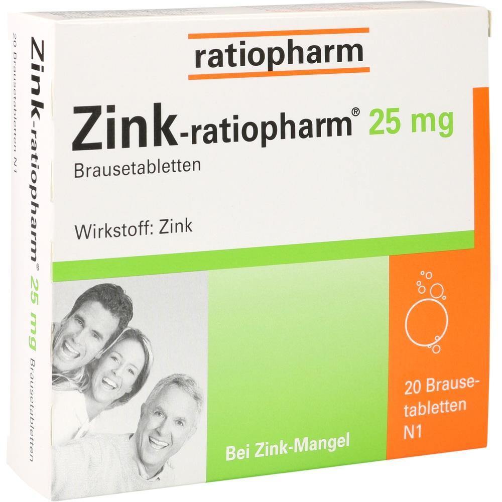 Die Packung zeigt Zink-Brausetabletten von ratiopharm mit 25 mg Zink.