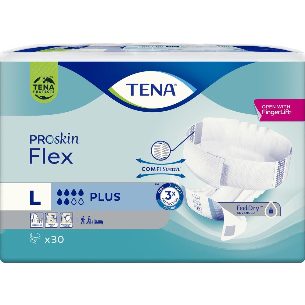 Verpackung von TENA ProSkin Flex, Inkontinenzprodukte Größe L mit 30 Stück.