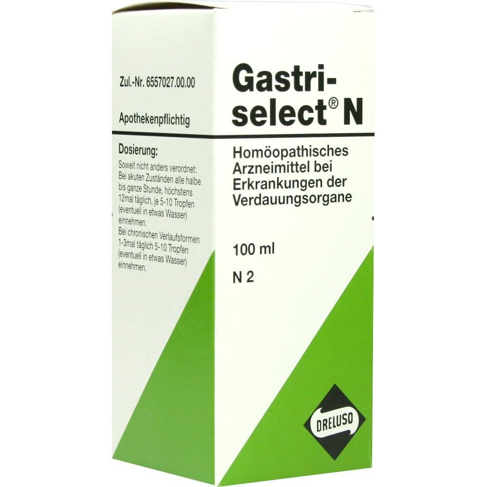 Wei&szlig;e Verpackung von Gastri-select N, einem hom&ouml;opathischen Mittel f&uuml;r Verdauungsprobleme.