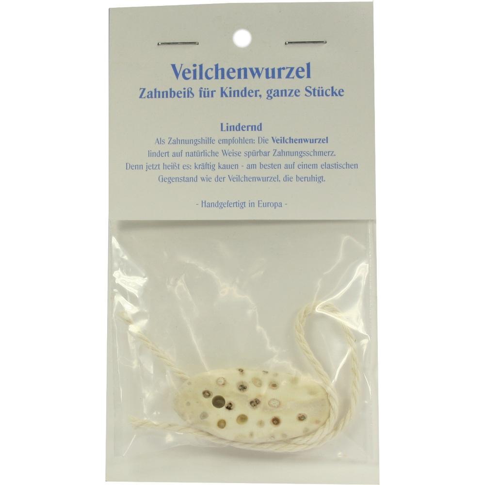 Ein Beißring aus Veilchenwurzel für Kinder, in einer transparenten Verpackung.