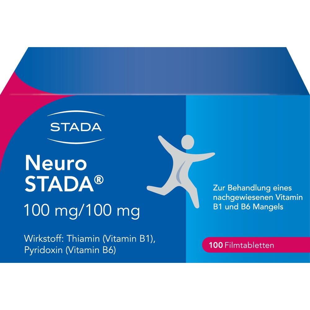 Blau-rote Medikamentenverpackung f&uuml;r Neuro Stada mit 100 Filmtabletten gegen Vitamin-B-Mangel.