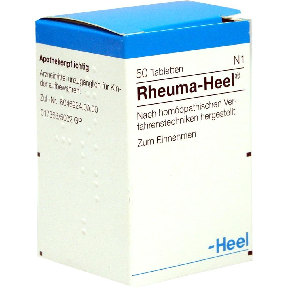 Wei&szlig;e Schachtel mit blauer Oberseite, enth&auml;lt 50 Rheuma-Heel Tabletten.