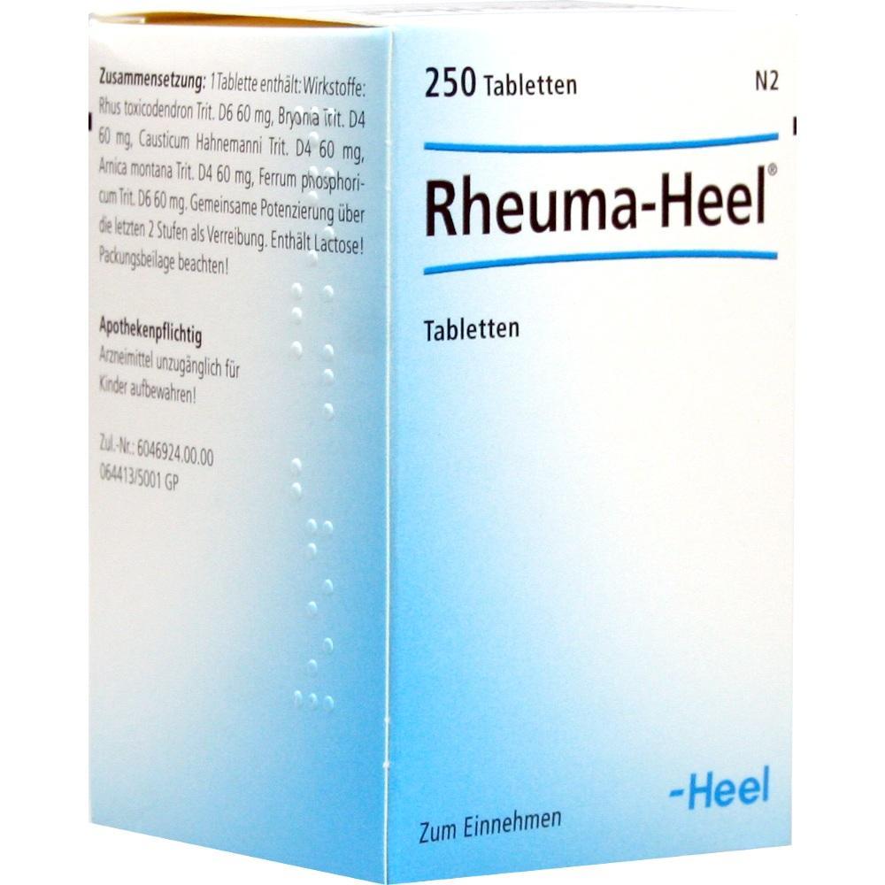 Eine wei&szlig;e Medikamentenverpackung mit der Aufschrift &bdquo;Rheuma-Heel Tabletten&ldquo;.