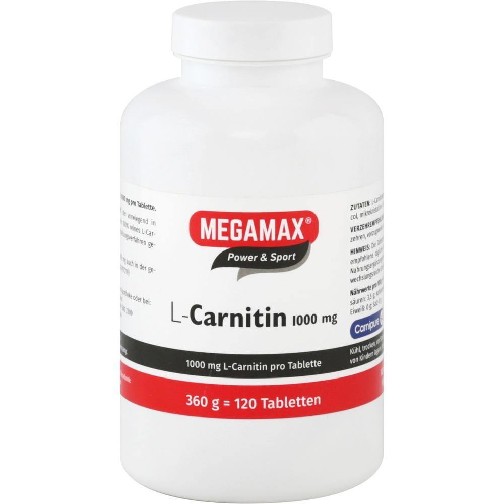 Weiße Flasche mit L-Carnitin Tabletten der Marke Megamax.