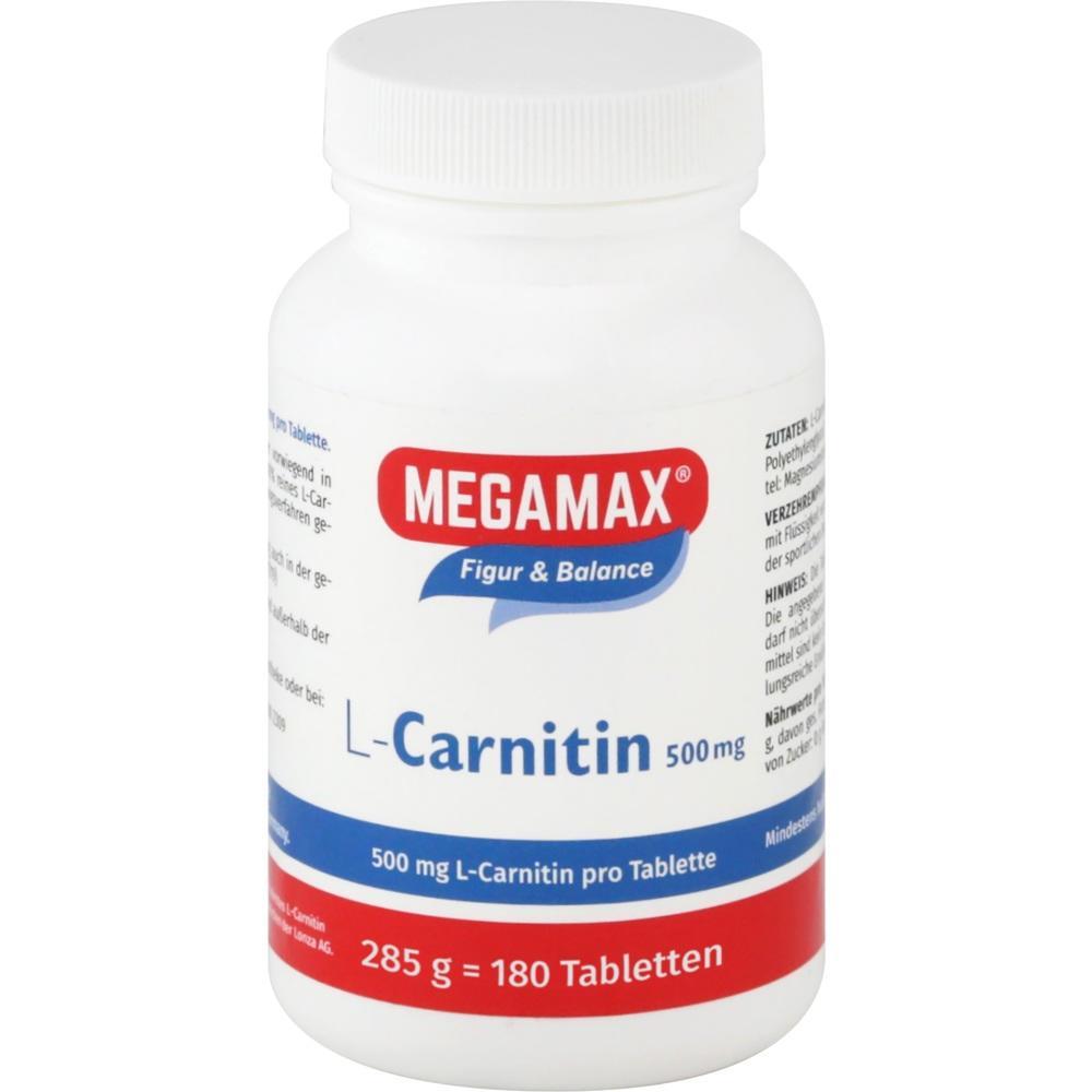 Wei&szlig;e Flasche mit der Aufschrift "MEGAMAX L-Carnitin 500 mg", enth&auml;lt 180 Tabletten.