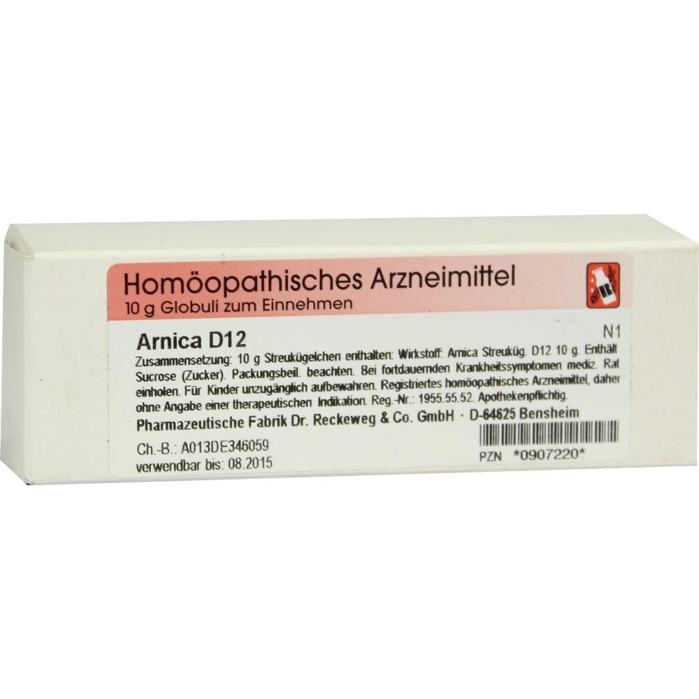 Eine Packung hom&ouml;opathischer Globuli mit der Aufschrift "Arnica D12".