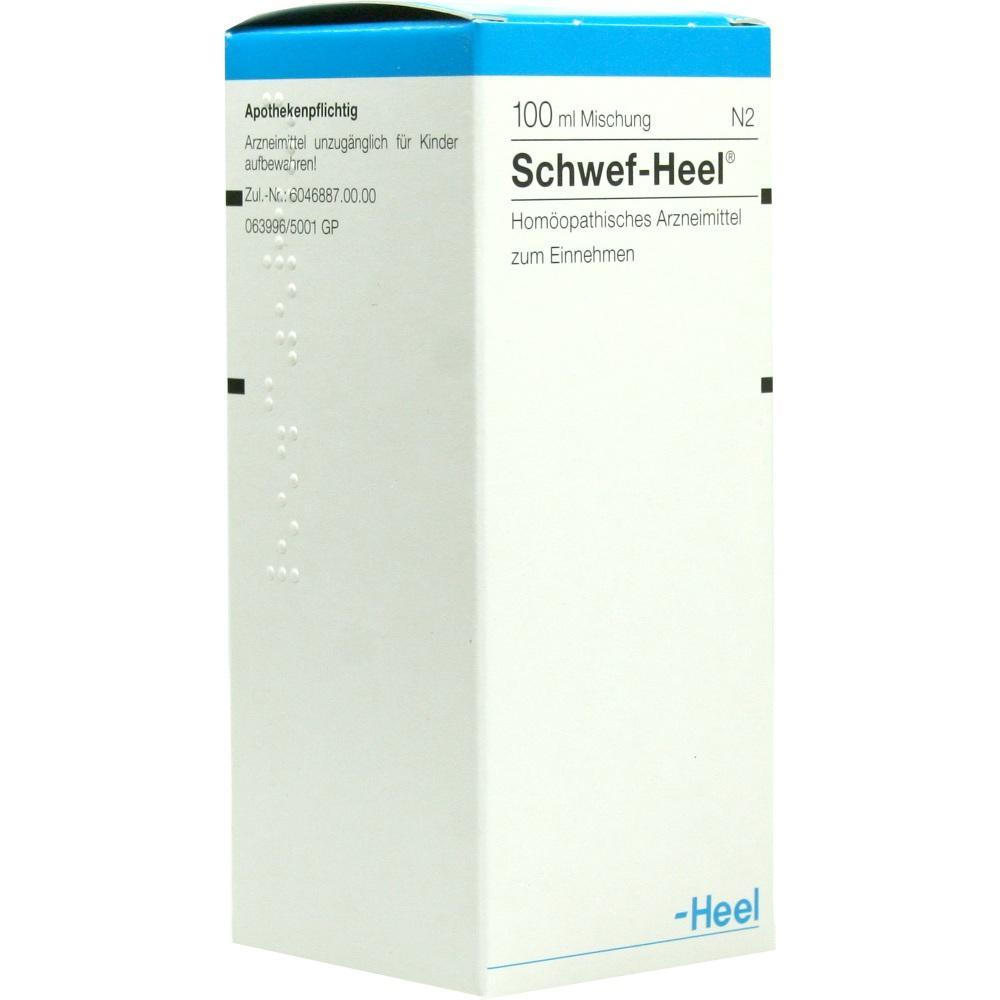 Wei&szlig;e Arzneimittelverpackung mit der Aufschrift "Schwef-Heel 100 ml Mischung".
