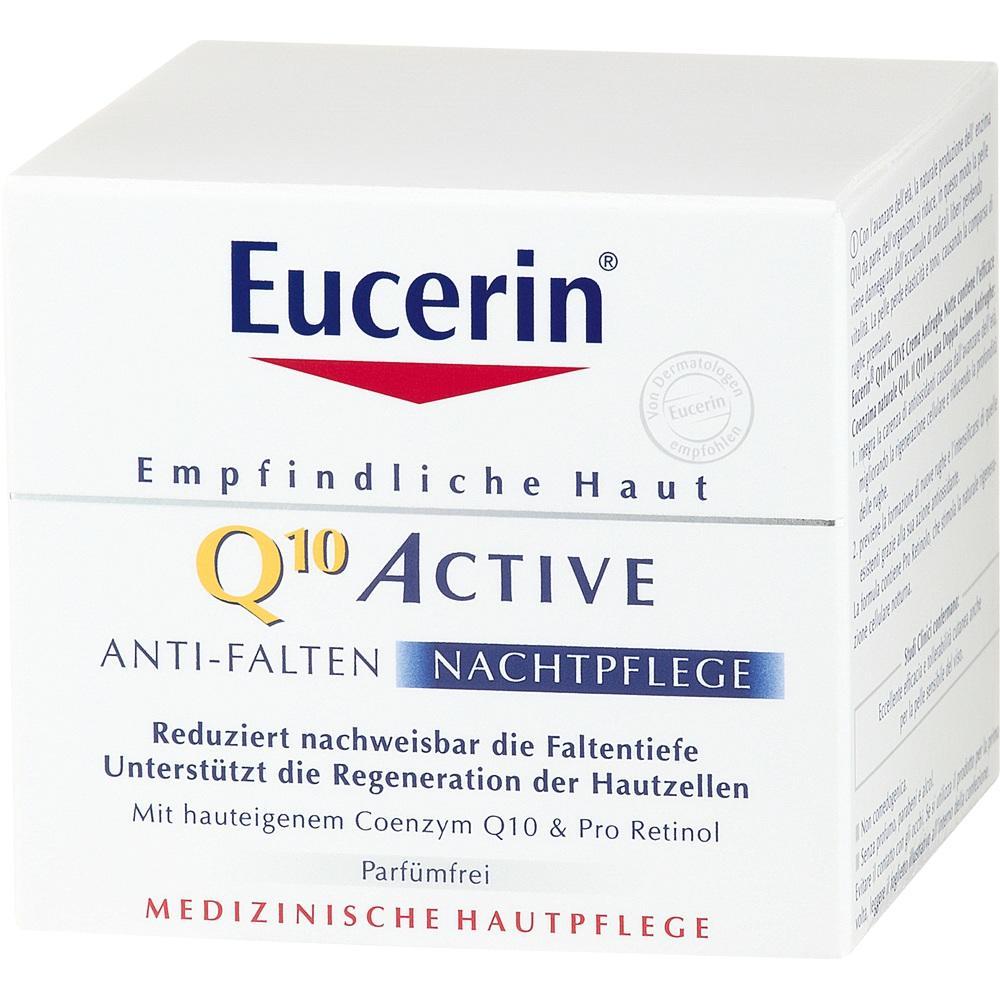 Wei&szlig;e Schachtel der Eucerin Q10 Active Nachtpflege f&uuml;r empfindliche Haut.