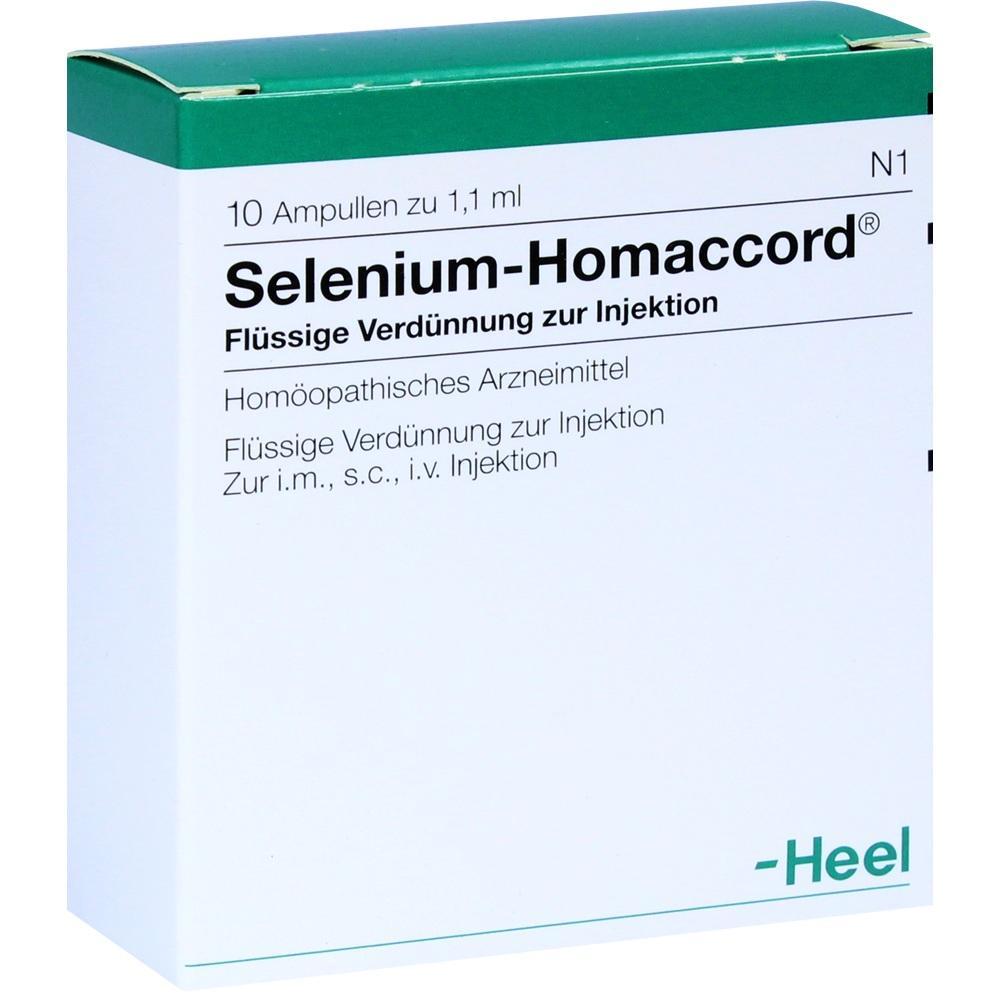Wei&szlig;e Medikamentenpackung mit der Aufschrift "Selenium-Homaccord" zur Injektion.