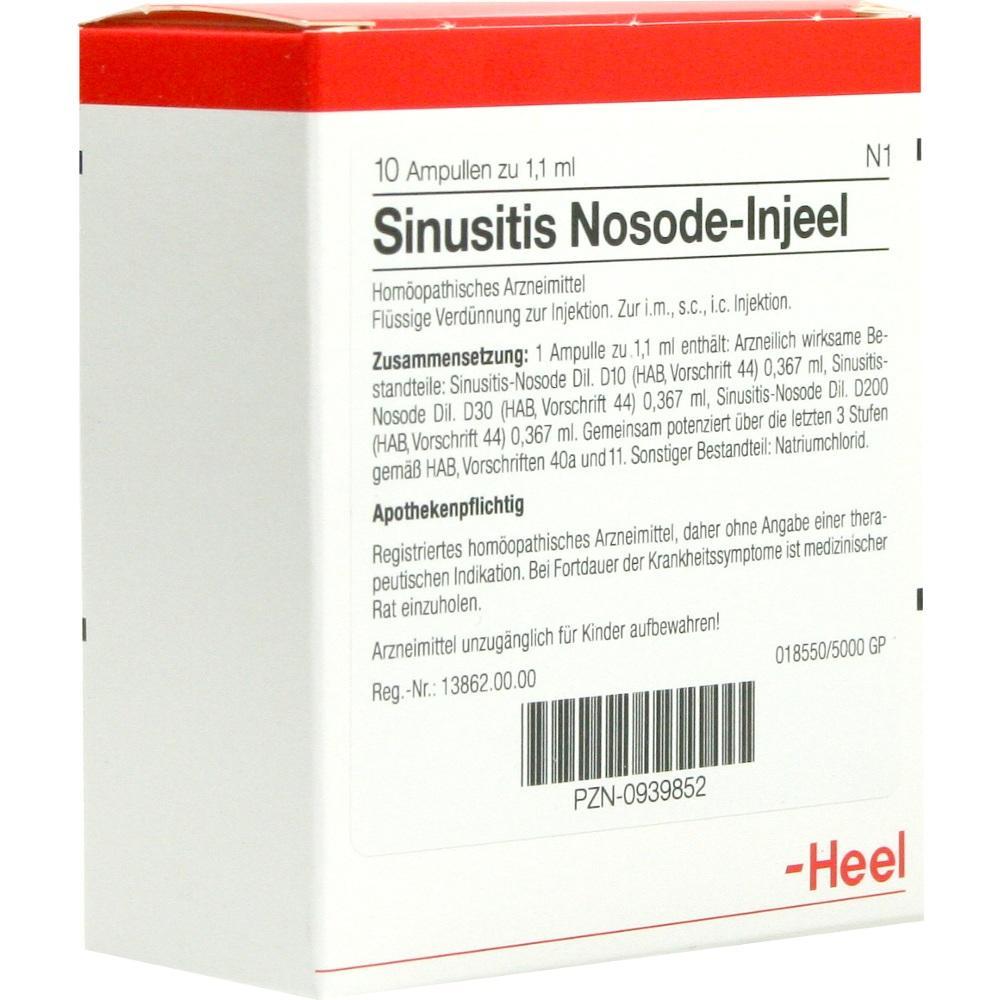Wei&szlig;e Medikamentenverpackung f&uuml;r hom&ouml;opathische Sinusitis-Behandlung in Ampullenform.