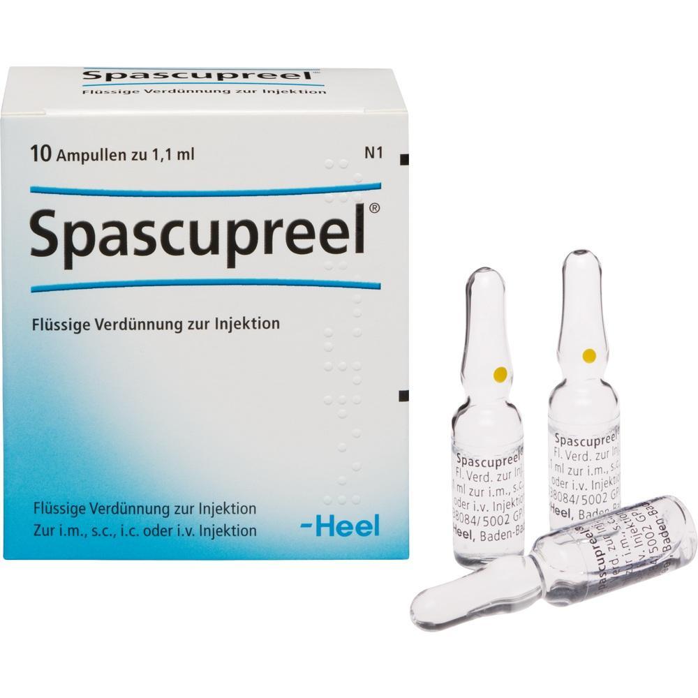 Eine Packung Spascupreel mit drei Glasampullen zur Injektion.