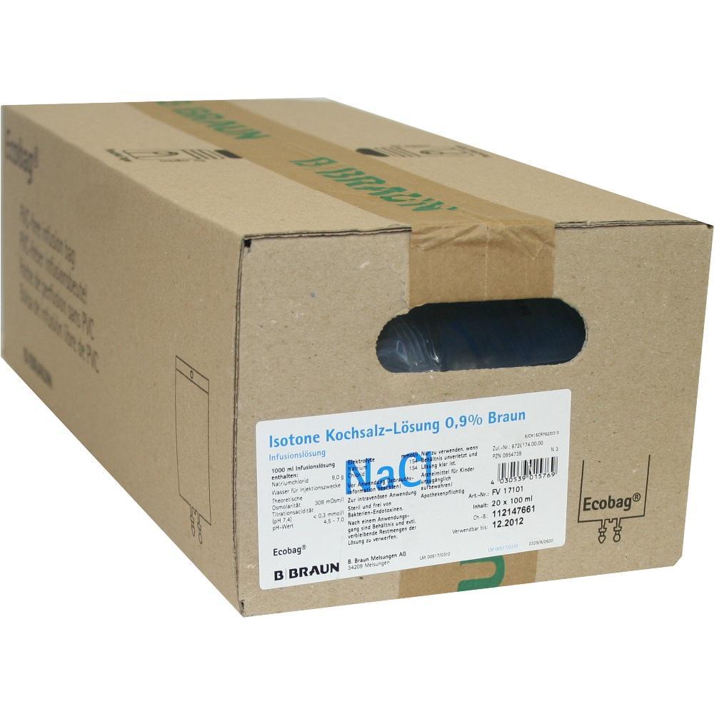 Pappkarton mit Etikett für isotone Kochsalzlösung von B. Braun.
