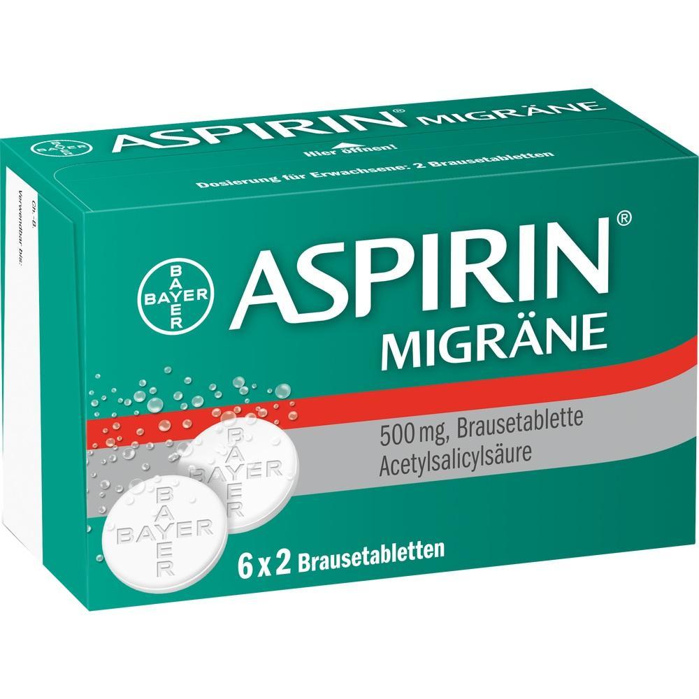 Eine Packung Aspirin Migr&auml;ne Brausetabletten von Bayer.