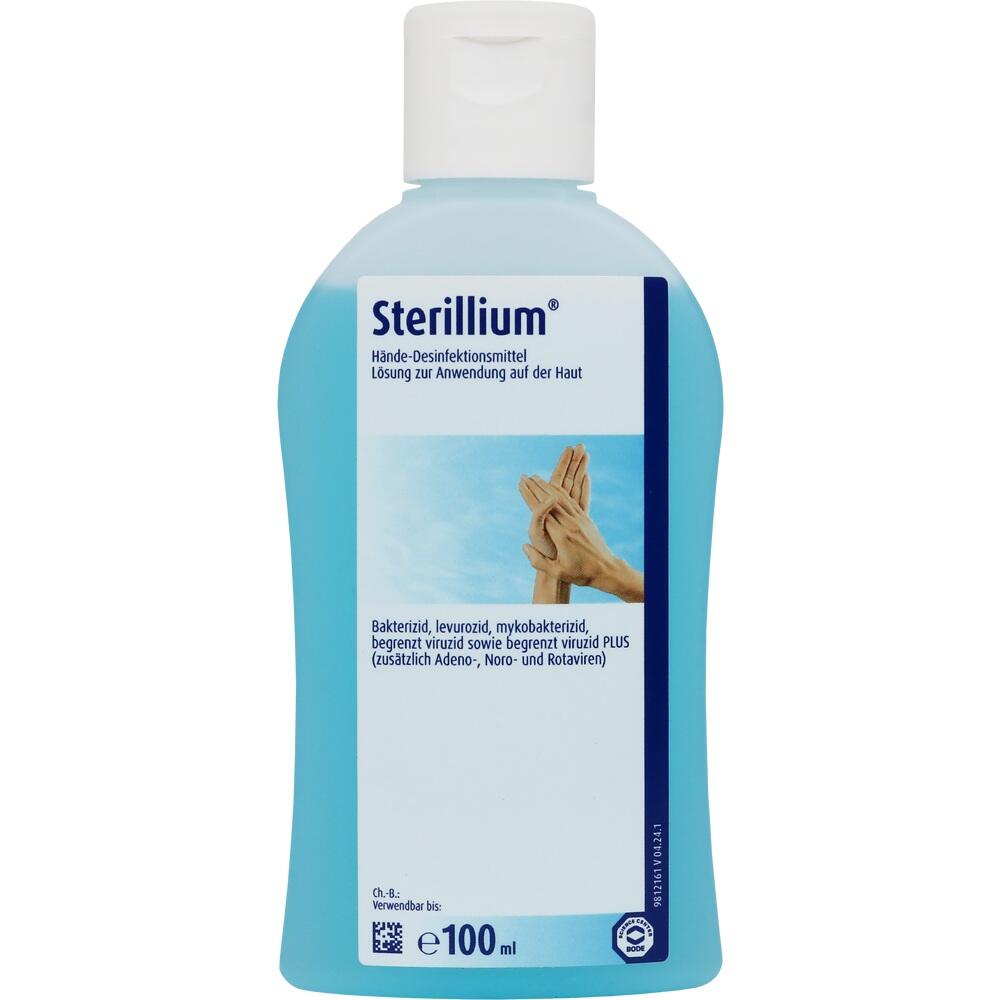 Eine blaue Flasche mit H&auml;ndedesinfektionsmittel namens Sterillium.