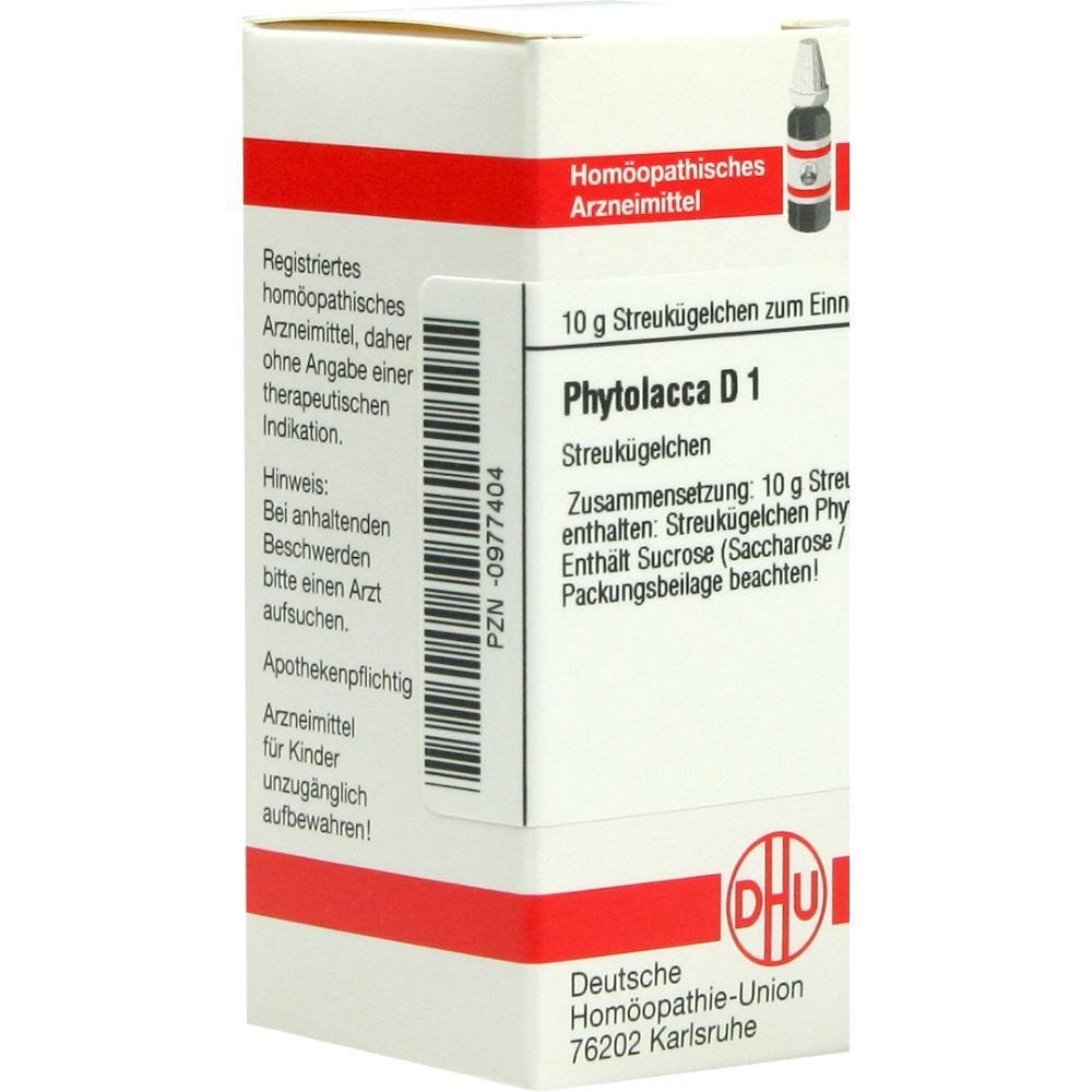 Wei&szlig;e Schachtel mit der Aufschrift "Phytolacca D1" von der Deutschen Hom&ouml;opathie-Union.