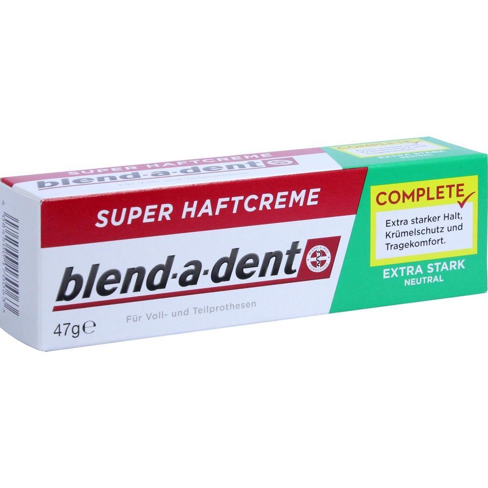 Eine Packung blend-a-dent Haftcreme in neutraler Geschmacksrichtung f&uuml;r Prothesen.