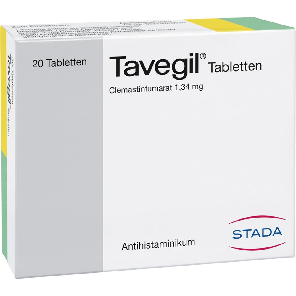 Eine Packung Tavegil Tabletten mit 20 St&uuml;ck und dem Wirkstoff Clemastinfumarat.