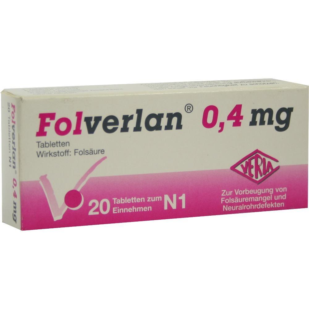 Packung mit 20 Tabletten Folverlan, 0,4 mg Fols&auml;ure zur Vorbeugung von Mangelerscheinungen.