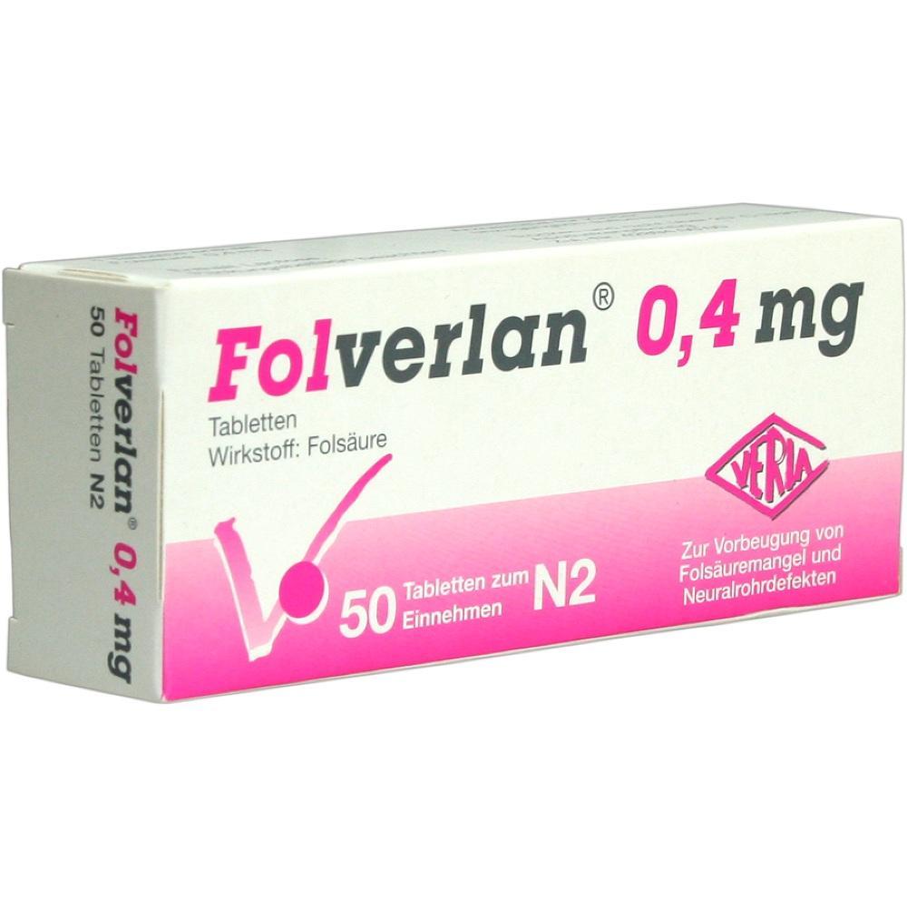 Eine Packung mit 50 Tabletten Fols&auml;ure, Folverlan 0,4 mg.