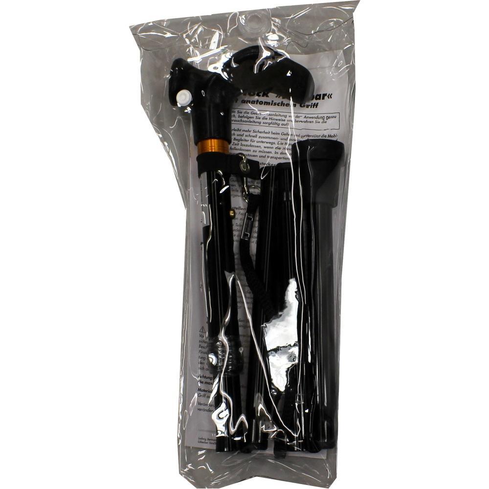 Ein schwarzer Gehstock ist in Plastik verpackt.