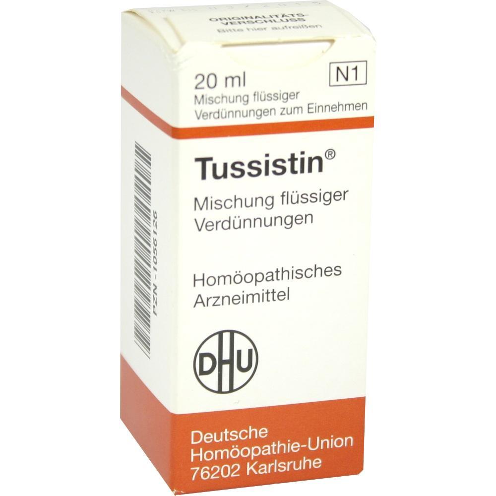 Wei&szlig;e Schachtel mit der Aufschrift "Tussistin", ein hom&ouml;opathisches Arzneimittel.
