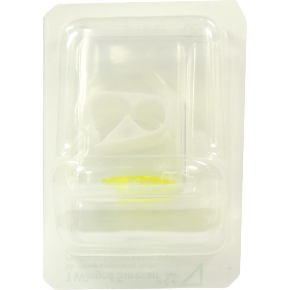 Durchsichtige Plastikverpackung mit einem kleinen, gelben Objekt innen.