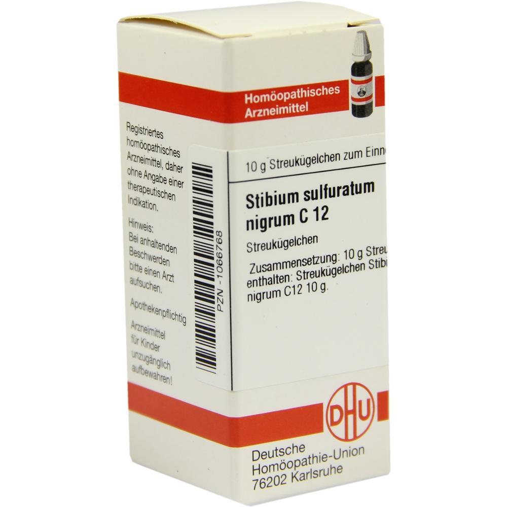 Eine wei&szlig;e Verpackung f&uuml;r ein hom&ouml;opathisches Arzneimittel namens Stibium sulfuratum nigrum C12.