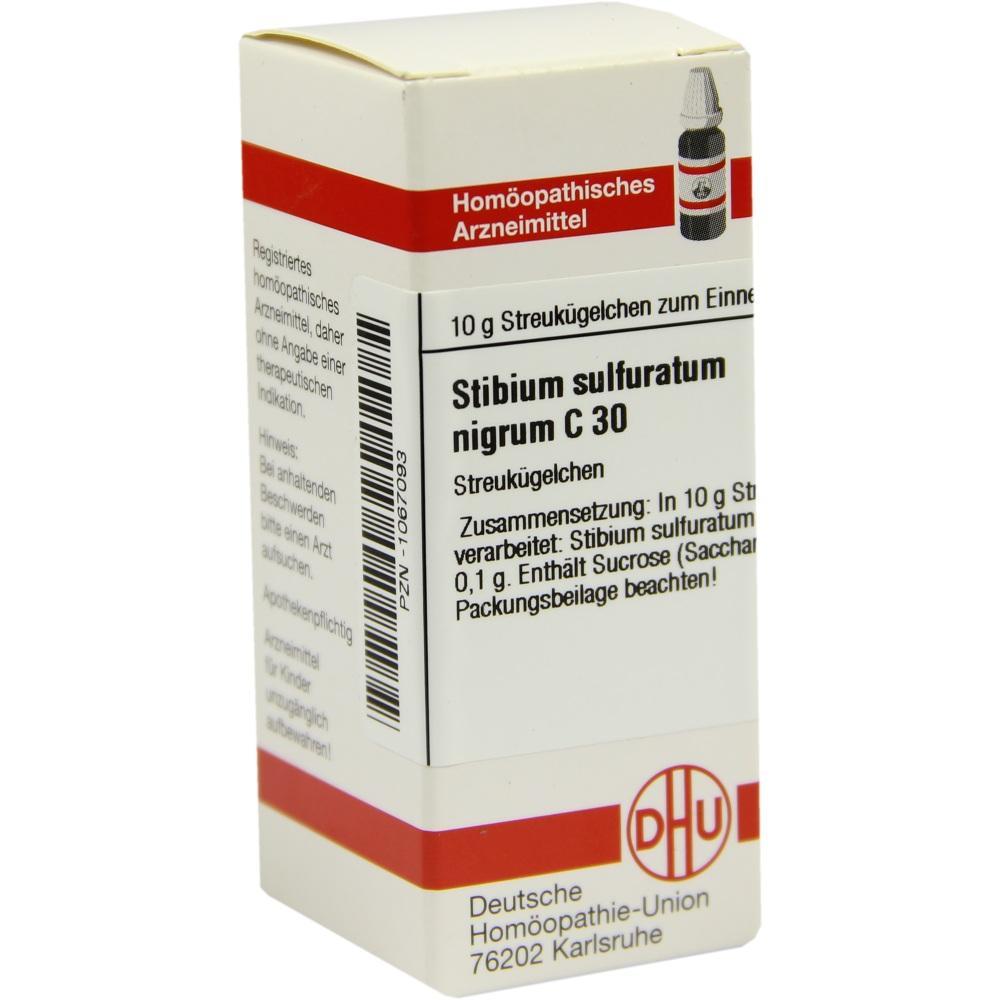 Wei&szlig;e Box mit Aufschrift "Stibium sulfuratum nigrum C 30", hom&ouml;opathisches Mittel.