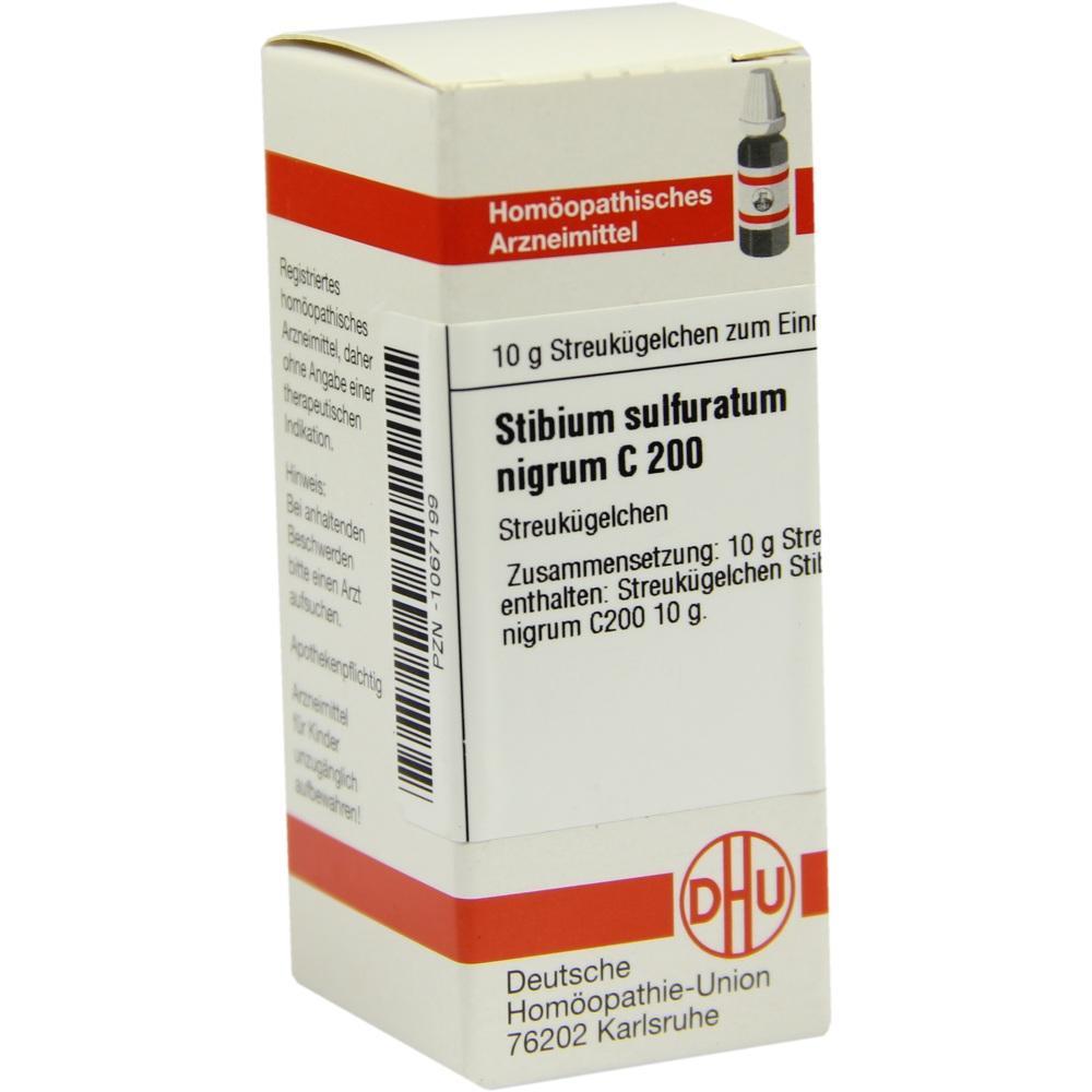 Eine Packung mit hom&ouml;opathischen Streuk&uuml;gelchen namens "Stibium sulfuratum".