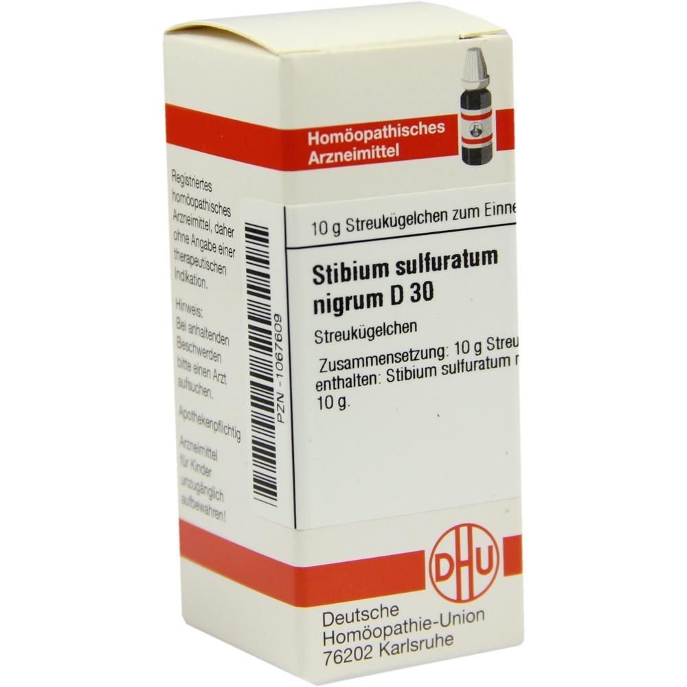 Packung eines hom&ouml;opathischen Medikaments mit der Aufschrift "Stibium sulfuratum nigrum D 30".