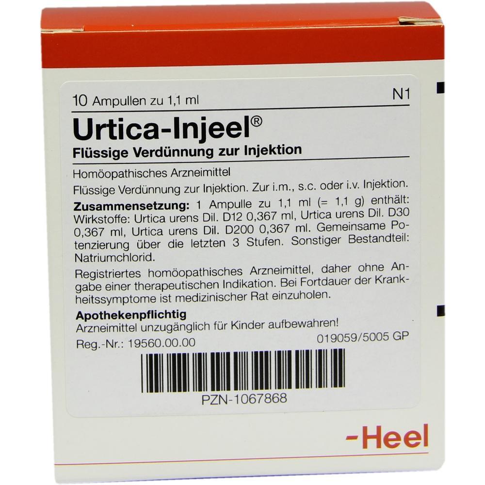 Verpackung einer hom&ouml;opathischen Injektionsl&ouml;sung namens Urtica-Injeel.
