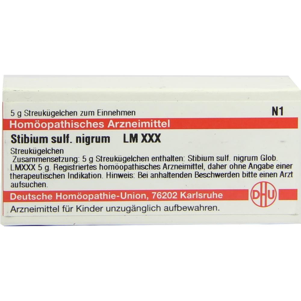 Eine Packung hom&ouml;opathischer Streuk&uuml;gelchen mit dem Namen "Stibium sulf. nigrum".