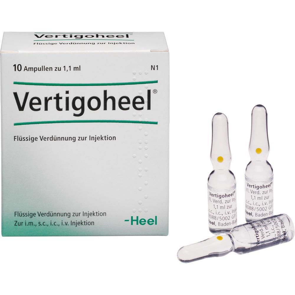 Eine Packung und Ampullen mit der Aufschrift "Vertigoheel".