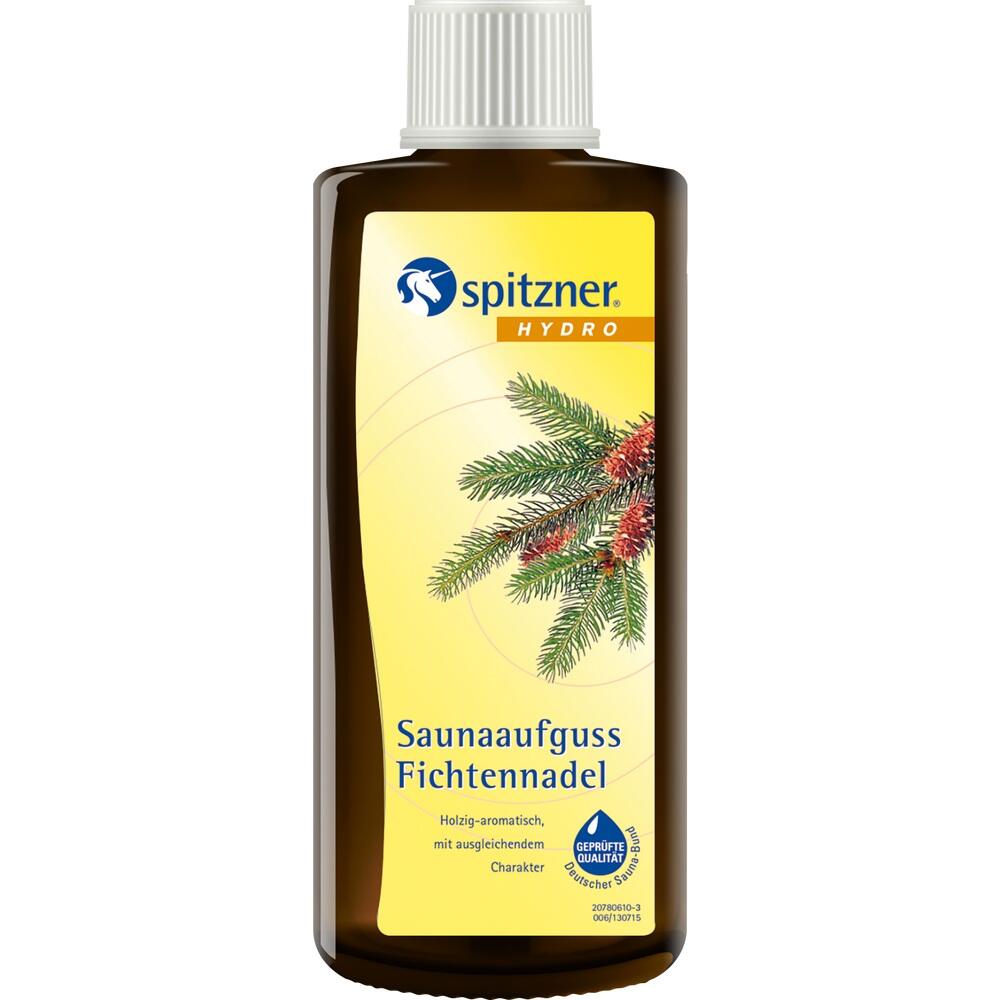 Braune Flasche mit Fichtennadel-Sauna&ouml;l und gr&uuml;n-rotem Zweig auf dem Etikett.