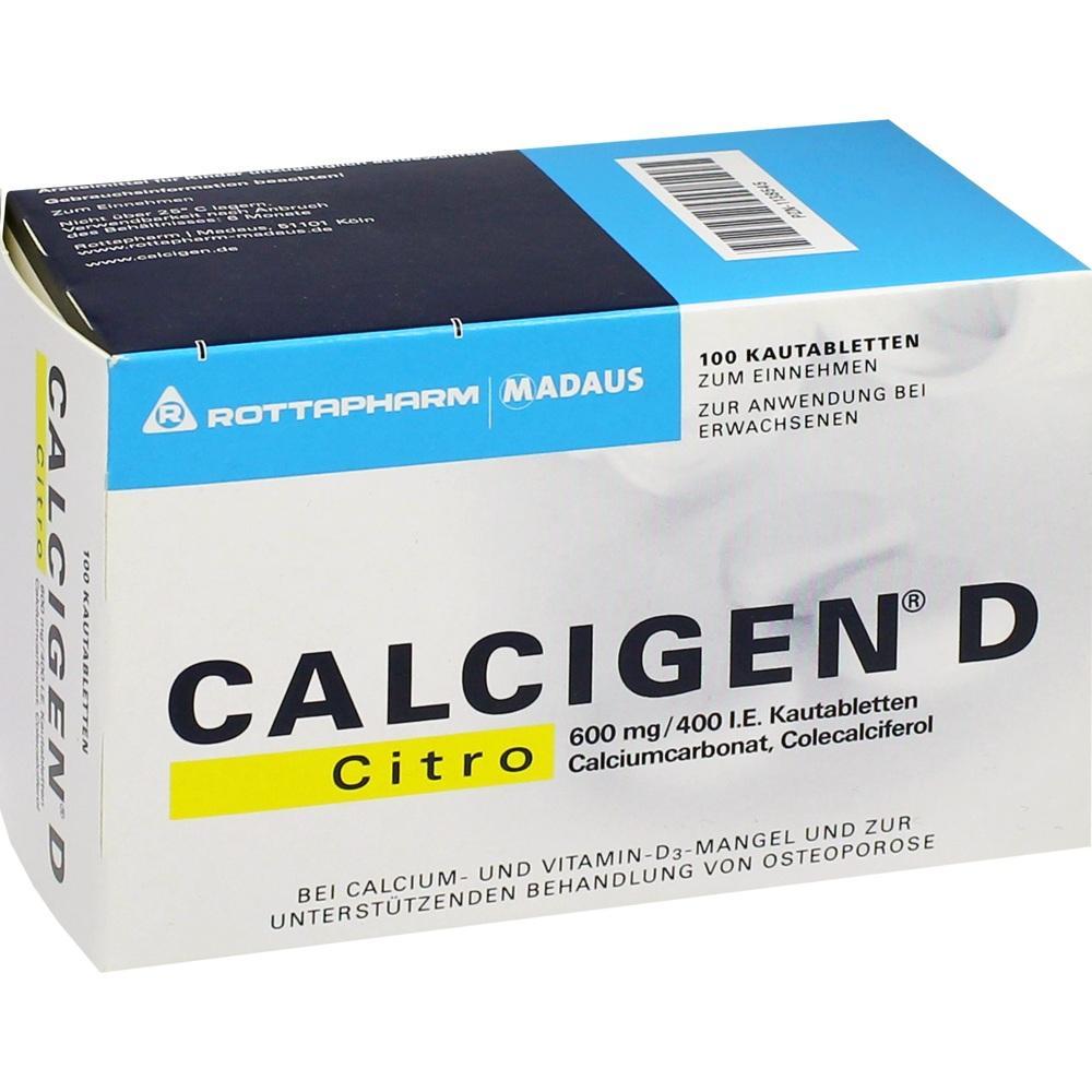 Eine Packung Kautabletten namens Calcigen D f&uuml;r Erwachsene.