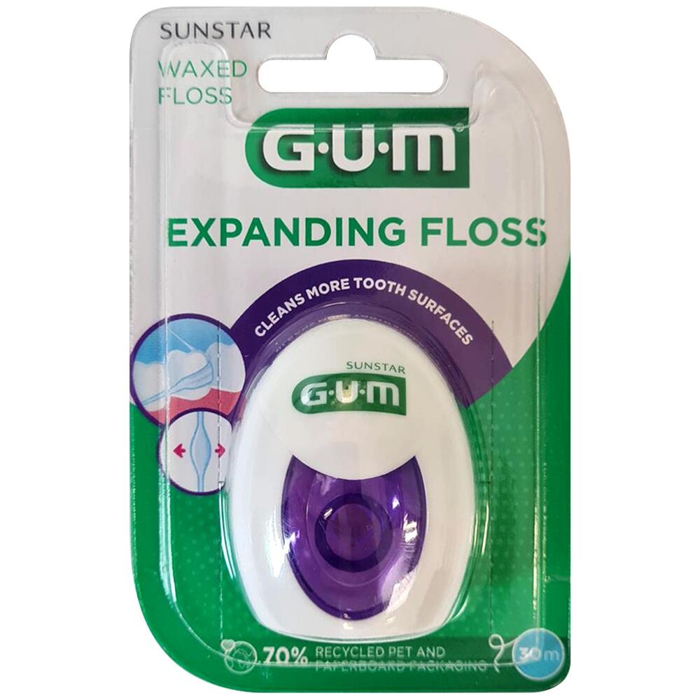 Verpackung von Zahnseide mit der Aufschrift "Expanding Floss" und einem gr&uuml;nen GUM-Logo.