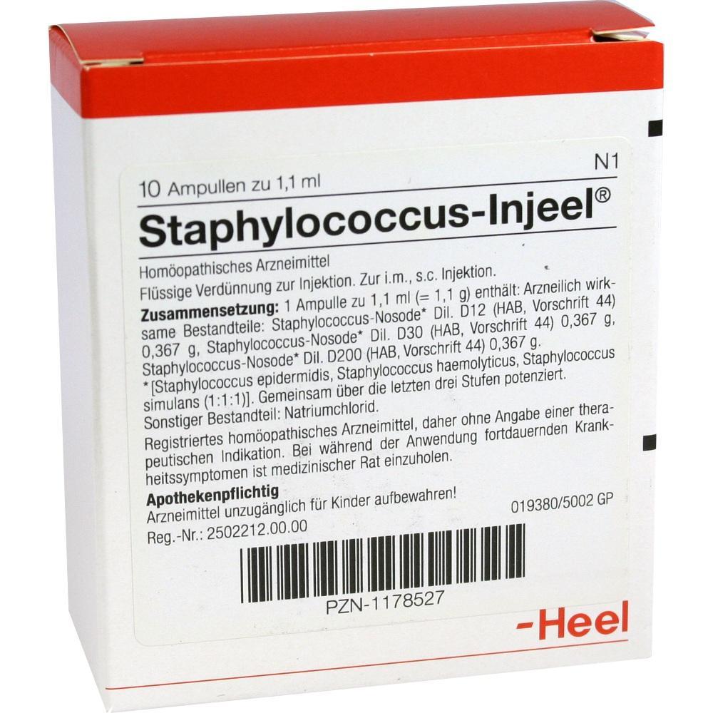 Eine Verpackung f&uuml;r hom&ouml;opathische Staphylococcus-Injektionen von Heel.