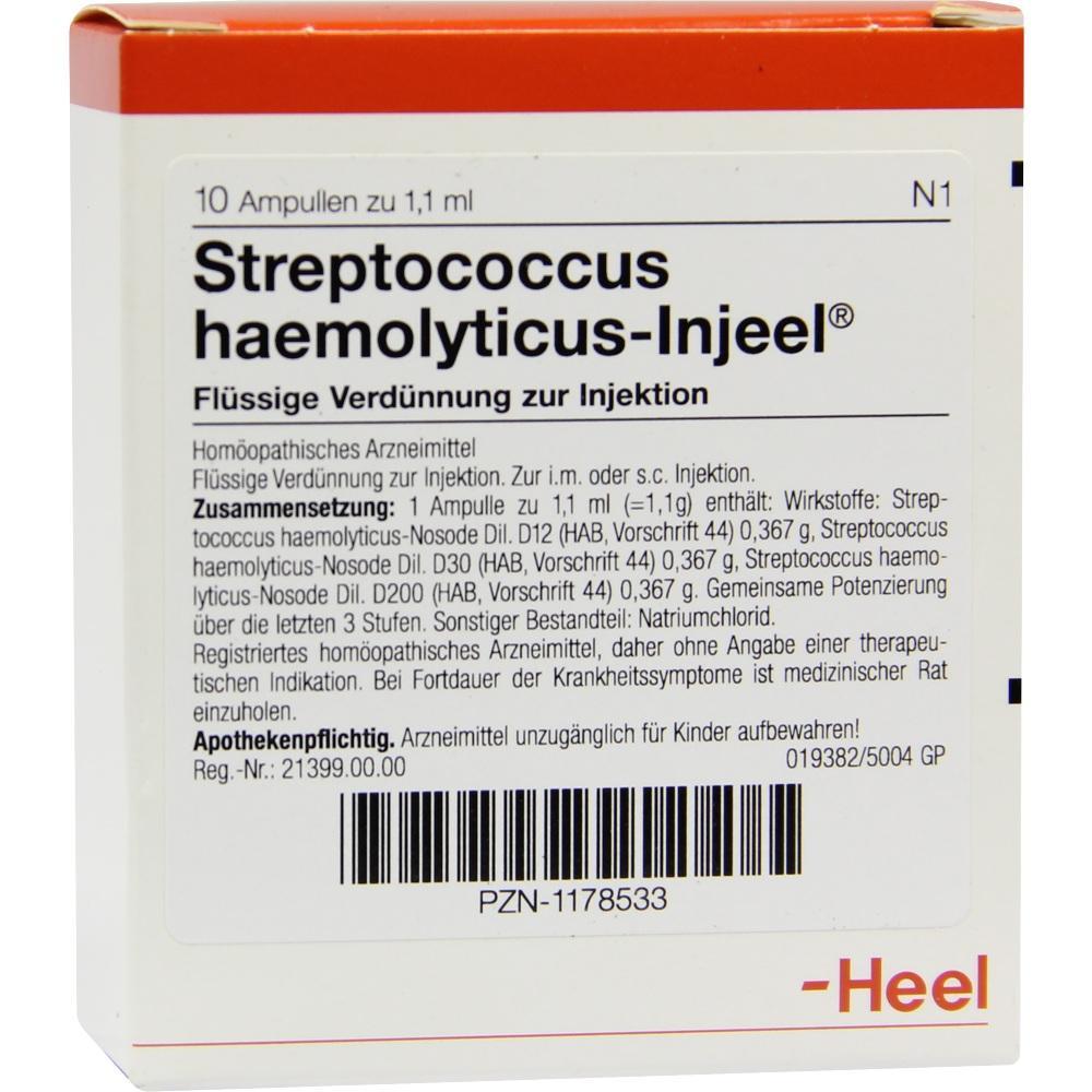 Wei&szlig;e Packung mit der Aufschrift "Streptococcus haemolyticus-Injeel" f&uuml;r Injektionen.