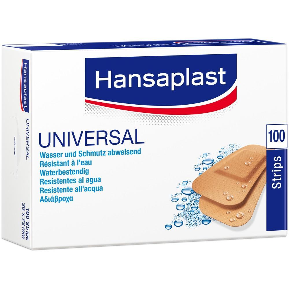 Eine Packung wasserabweisender Pflaster von Hansaplast mit 100 Streifen.