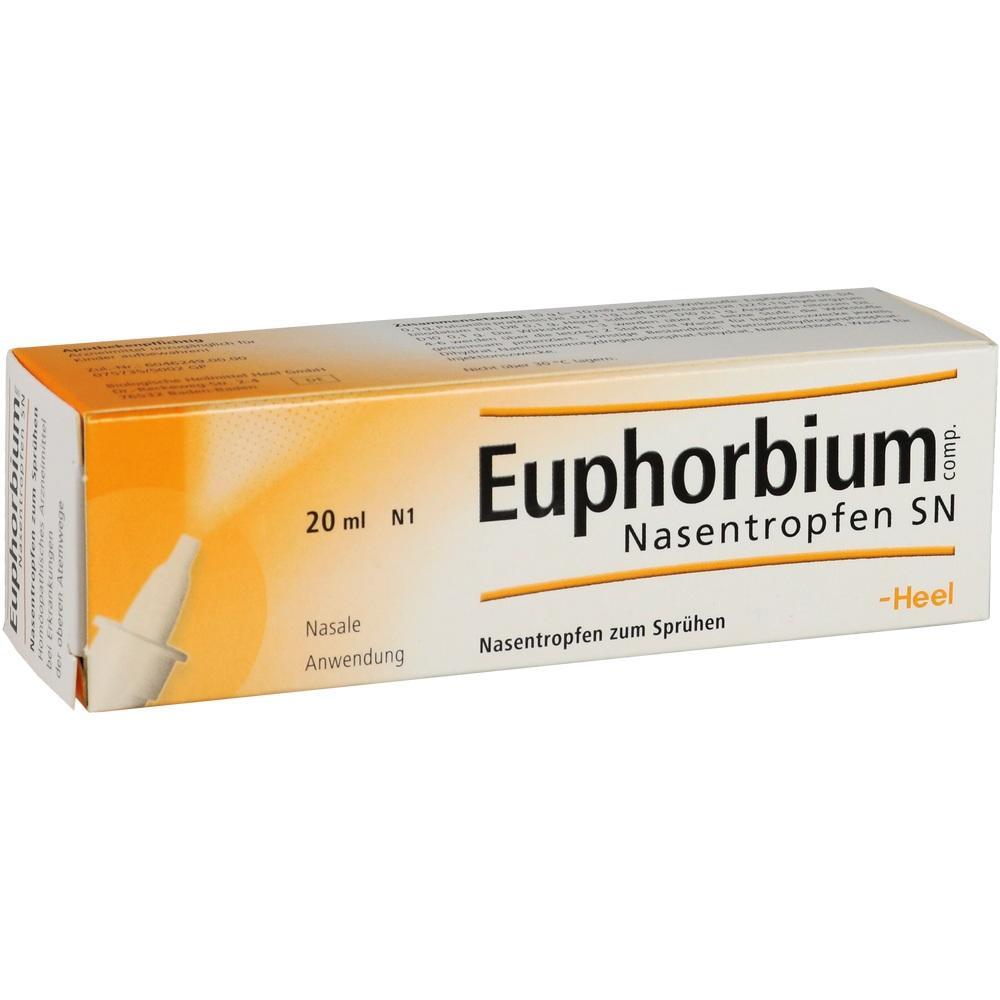 Eine orange-wei&szlig;e Packung Nasentropfen mit der Aufschrift "Euphorbium".