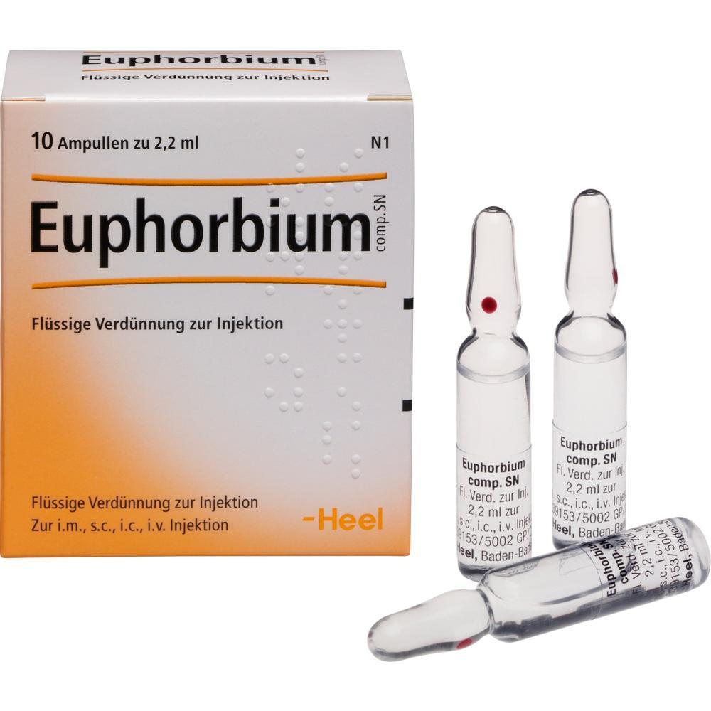 Eine Packung und drei Ampullen mit dem Medikament "Euphorbium" zur Injektion.