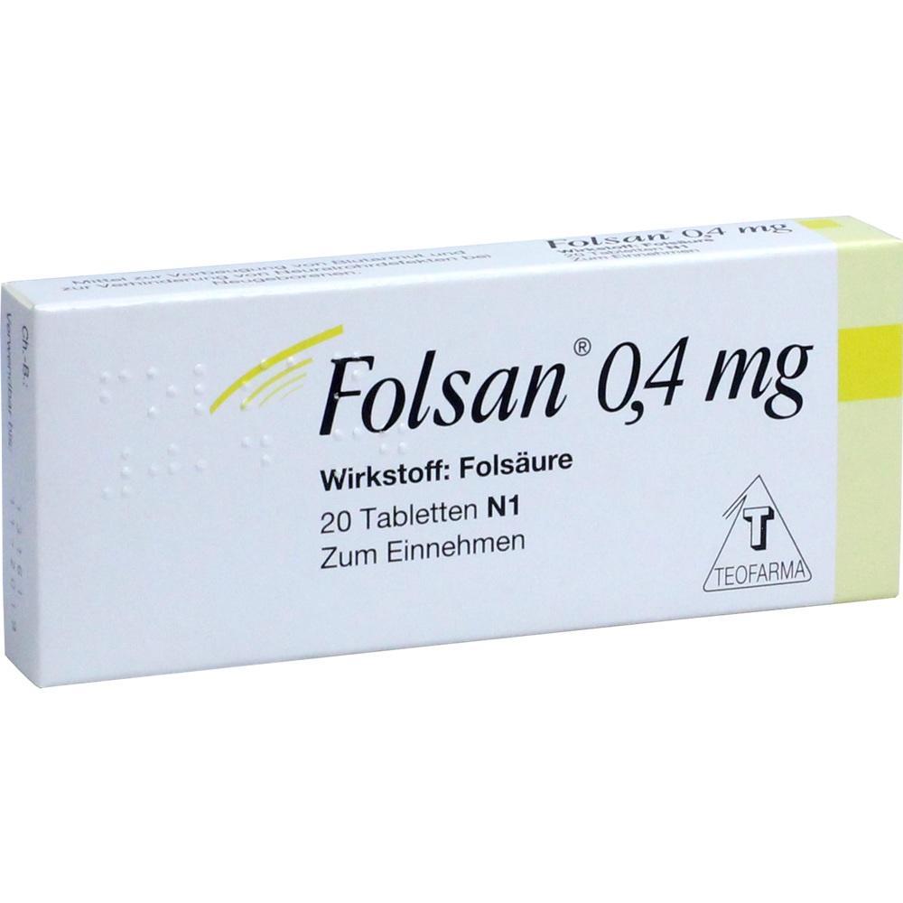 Eine Schachtel mit 20 Tabletten Folsan 0,4 mg Fols&auml;ure.