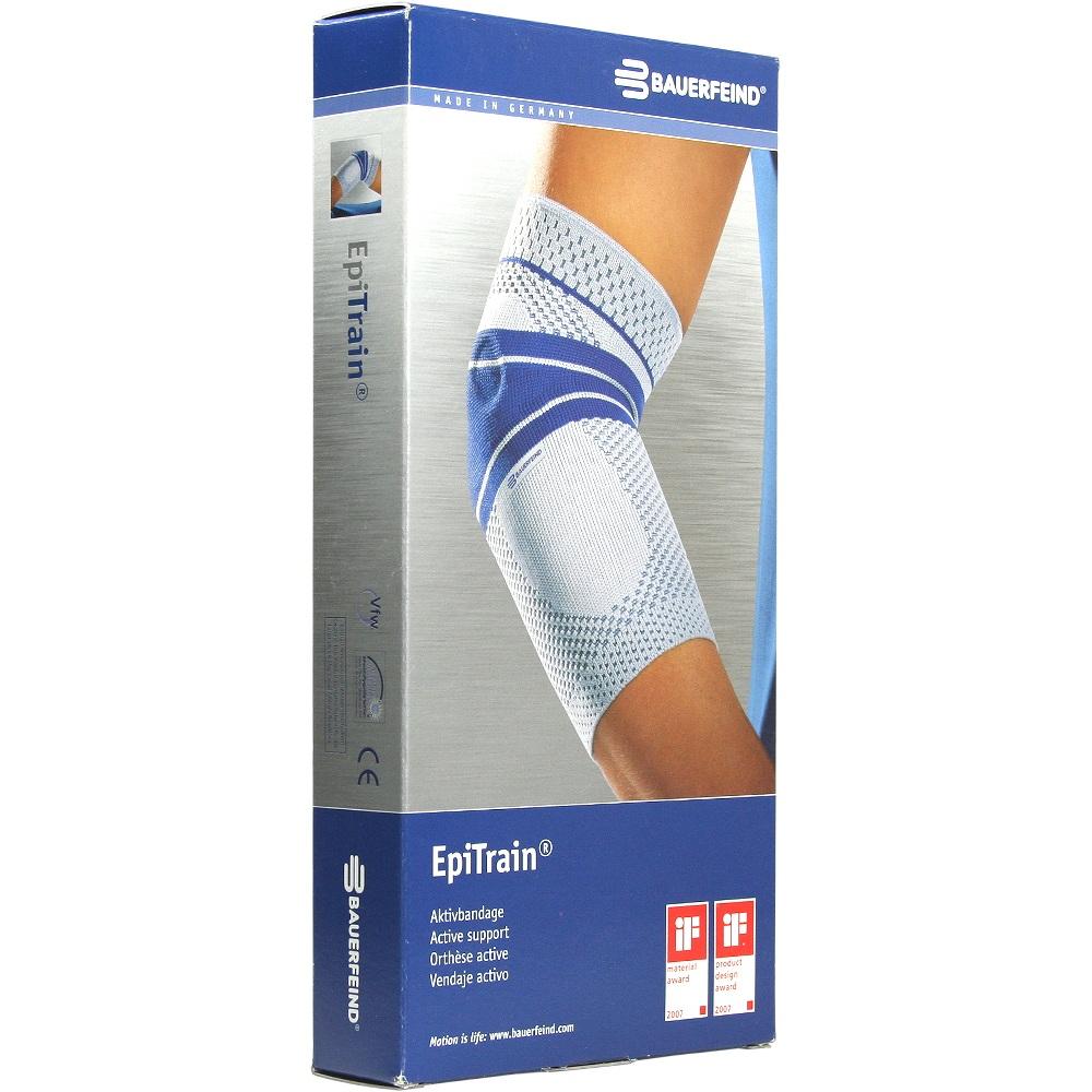 Verpackung einer blauen Ellbogenbandage mit Bild und Text von Bauerfeind.