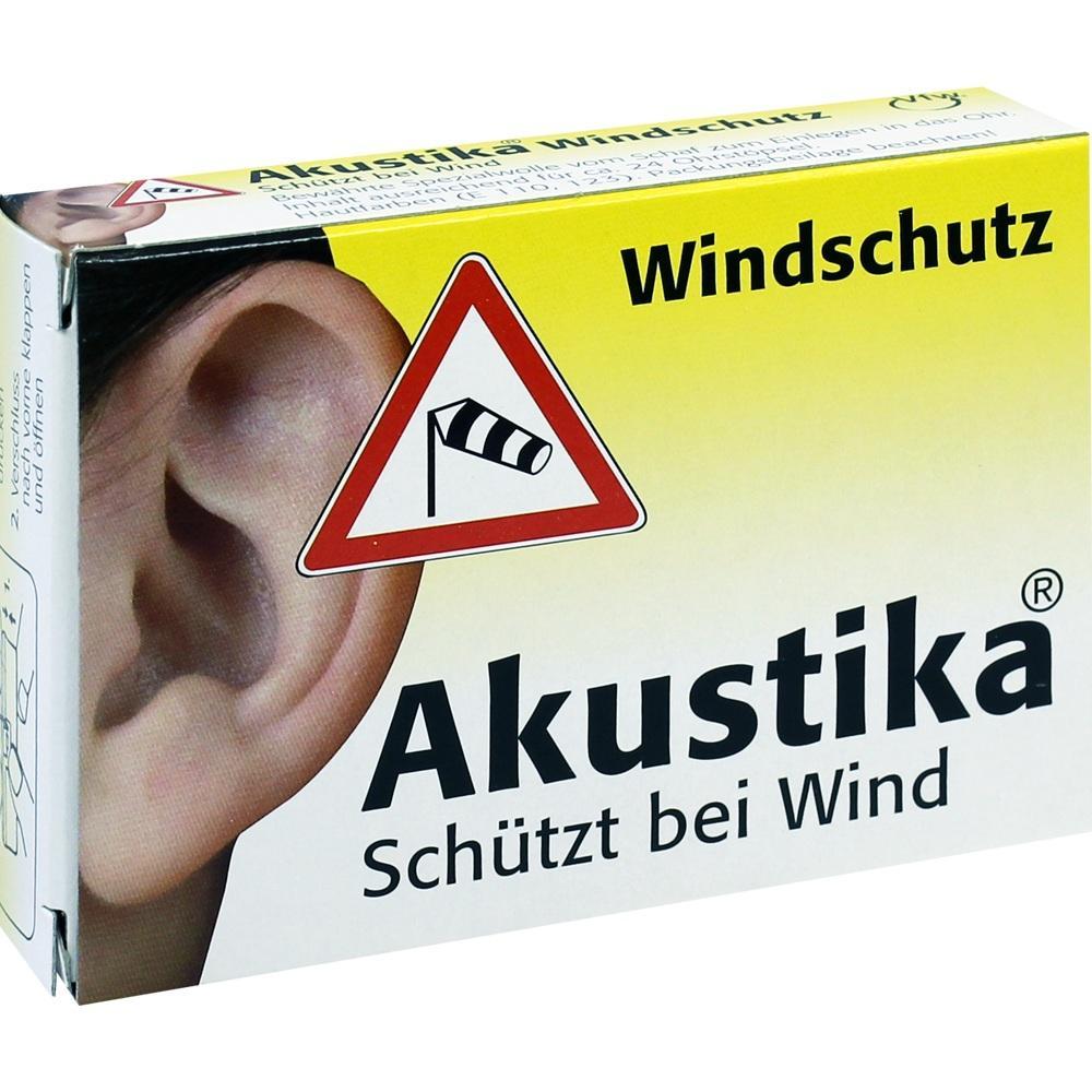 Verpackung mit Bild von einem Ohr und Symbol f&uuml;r Windschutz, Text "Akustika sch&uuml;tzt bei Wind".