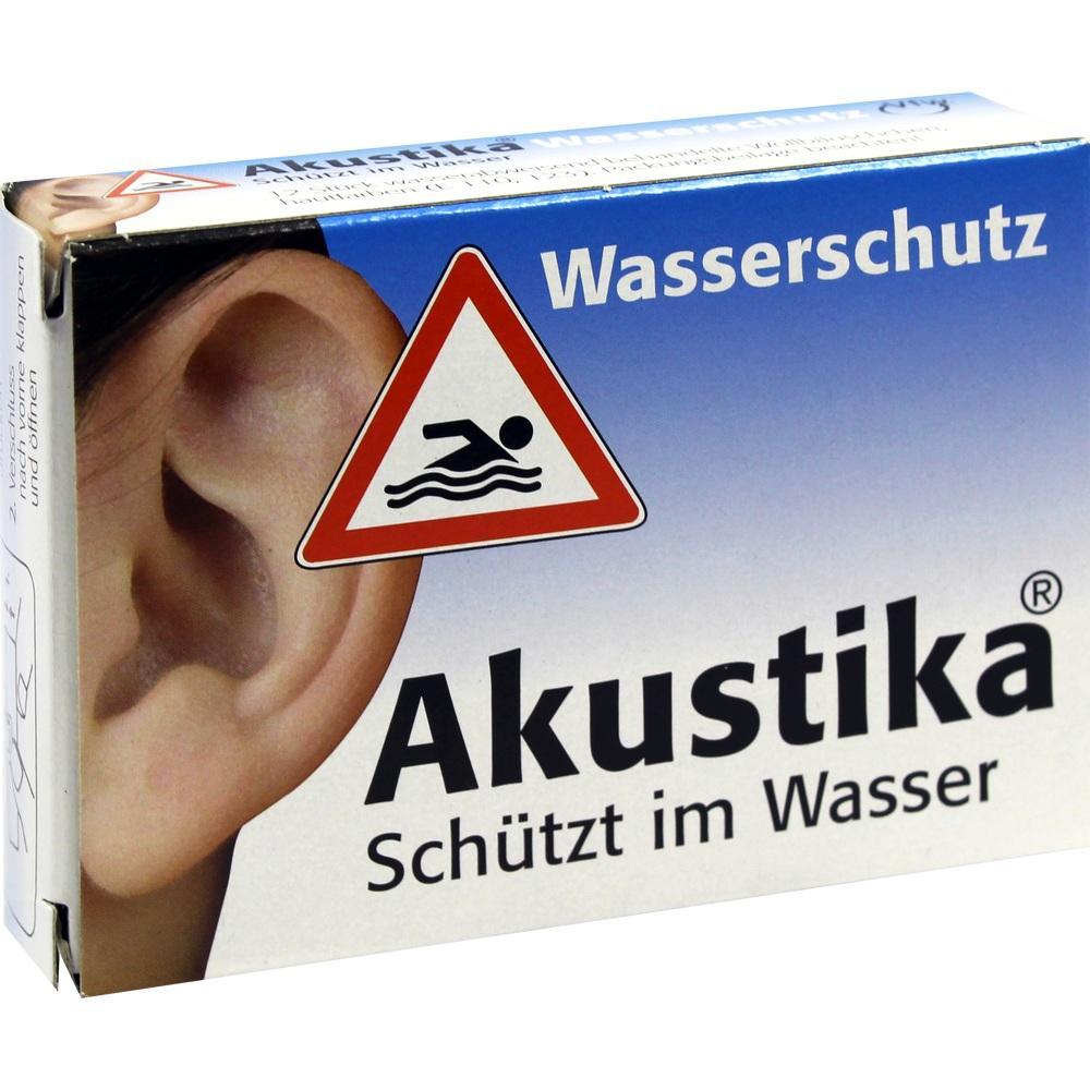 Auf der Verpackung steht "Akustika: Sch&uuml;tzt im Wasser" neben einem Ohr.