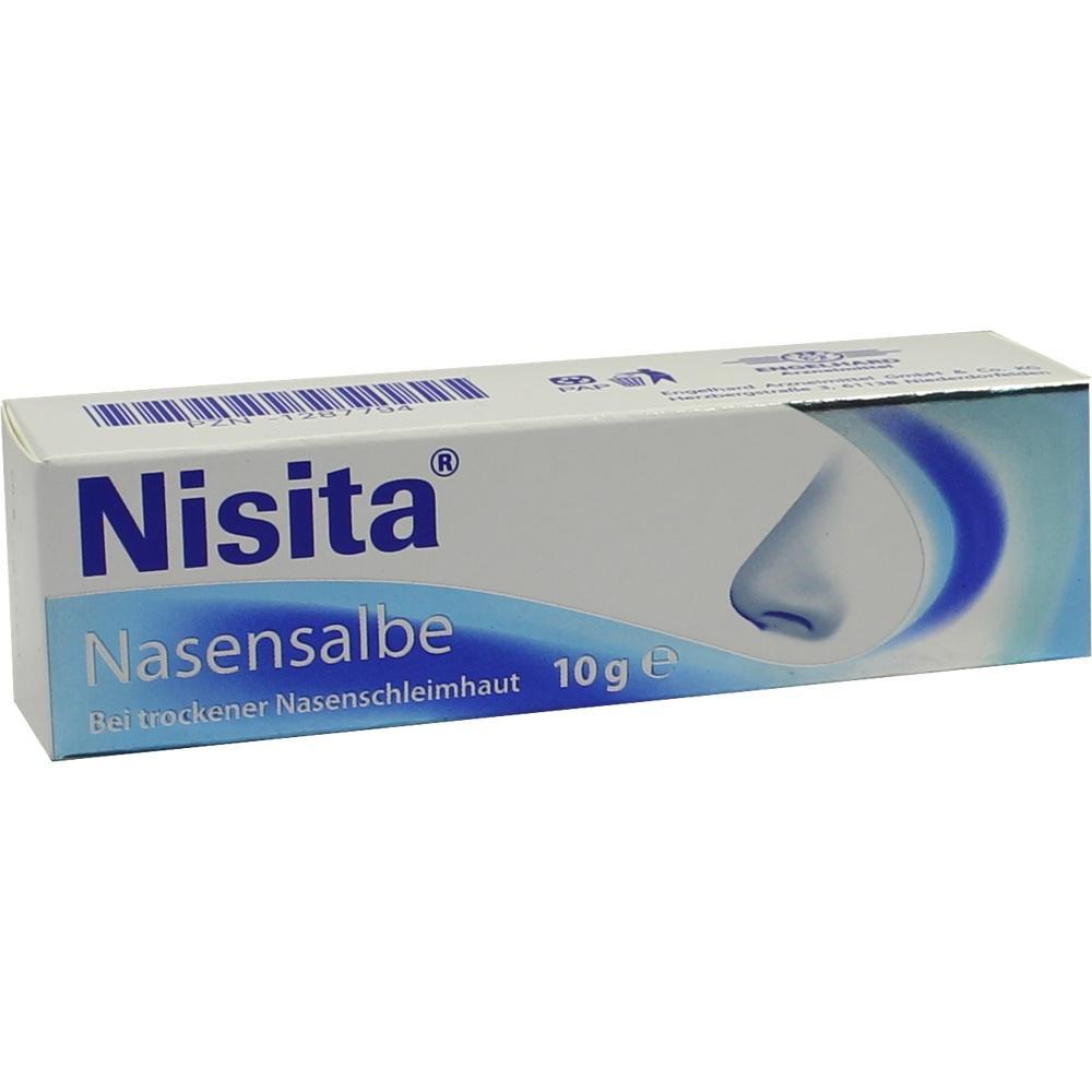Eine wei&szlig;e Verpackung mit der Aufschrift "Nisita Nasensalbe".