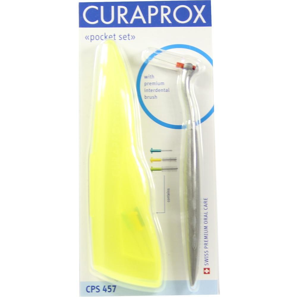 Verpackung mit Interdentalbürsten und gelbem Etui der Marke Curaprox.